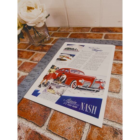 1940 Vintage Nash Red Car Print Ad with Couple Ice Skating on Pond 21.25mpg - Picture 6 of 10